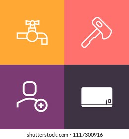 Modern, simple vector icon set on colorful background with sign, board, hammer, clean, black, saw, building, user, equipment, screwdriver, wrench, empty, home, plumbing, axe, chalk, classroom icons