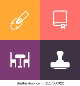 Modern, simple vector icon set on colorful background with certificate, mark, building, table, interior, brush, study, school, sign, library, seat, post, drill, chair, literature, work, read icons