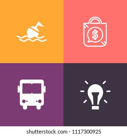 Modern, simple vector icon set on colorful background with electric, market, glass, rescue, sale, light, concept, retail, shop, lamp, bus, road, white, sign, sos, idea, help, belt, discount, bag icons
