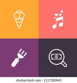 Modern, simple vector icon set on colorful background with ball, clef, dessert, sign, melody, key, button, sound, find, scoop, treble, white, spoon, search, note, restaurant, website, music, ice icons