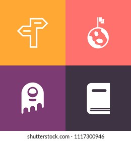 Modern, simple vector icon set on colorful background with fantasy, book, pointer, education, literature, bookstore, alien, open, global, ufo, extraterrestrial, choice, direction, world, fiction icons
