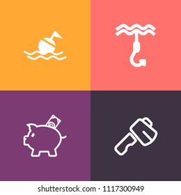 Modern, simple vector icon set on colorful background with hammer, help, safety, belt, bank, work, object, white, rescue, sea, construction, pliers, emergency, tool, repair, wrench, bait, buoy icons