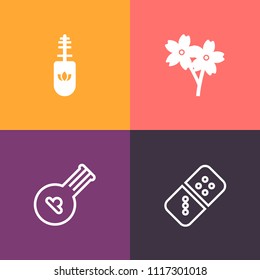 Modern, simple vector icon set on colorful background with beauty, string, art, pink, branch, musical, decoration, domino, floral, girl, music, flower, cosmetic, melody, object, japanese, folk icons