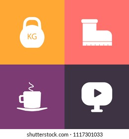 Modern, simple vector icon set on colorful background with beverage, hot, drink, button, play, kilogram, footwear, cafe, black, mocha, weight, wear, clothing, graphic, media, player, lifting icons