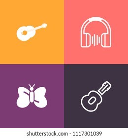 Modern, simple vector icon set on colorful background with silhouette, butterfly, art, musical, headphone, jazz, nature, string, beautiful, beauty, equipment, fly, modern, audio, instrument, ear icons