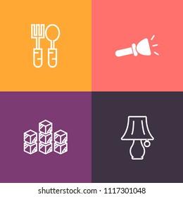Modern, simple vector icon set on colorful background with energy, food, cutlery, lamp, fork, interior, home, warehouse, business, goods, industry, kitchen, spoon, restaurant, tool, electric icons