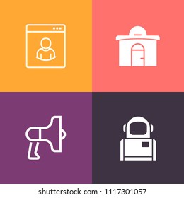 Modern, simple vector icon set on colorful background with sound, loudspeaker, cosmonaut, astronaut, science, rent, construction, person, cosmos, profile, property, city, speaker, urban, office icons