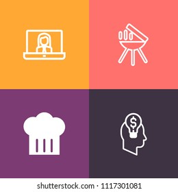 Modern, simple vector icon set on colorful background with hat, cooking, chat, grilling, hot, summer, communication, online, mobile, wireless, young, food, technology, internet, woman, bbq, sign icons