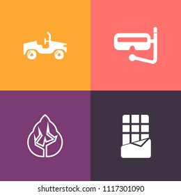 Modern, simple vector icon set on colorful background with sport, wood, travel, snorkeling, candy, food, diving, transport, dessert, sweet, automotive, snack, bar, tree, car, summer, forest, sea icons