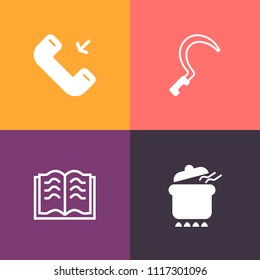 Modern, simple vector icon set on colorful background with plant, healthy, user, food, meal, book, gardening, homemade, white, tool, cuisine, phone, communication, agriculture, garden, education icons