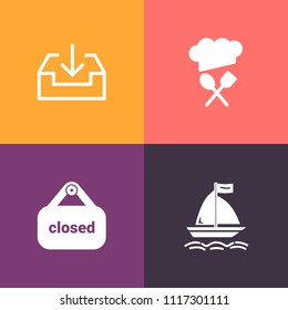 Modern, simple vector icon set on colorful background with concept, head, sport, file, hat, web, retail, board, food, red, button, extreme, white, wind, technology, chief, internet, restaurant icons