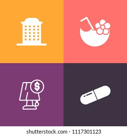 Modern, simple vector icon set on colorful background with pharmacy, drug, pill, medical, lamp, glass, summer, tropical, bar, painkiller, fruit, building, real, interior, party, tablet, electric icons
