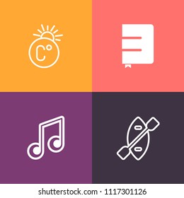 Modern, simple vector icon set on colorful background with sport, clef, temperature, river, travel, sea, music, oar, wooden, paddle, hot, scale, climate, boat, note, notebook, measurement, sound icons