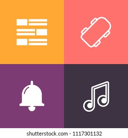 Modern, simple vector icon set on colorful background with clef, music, media, call, skater, lifestyle, ring, bell, treble, style, note, sport, doorbell, computer, skateboarding, key, global icons