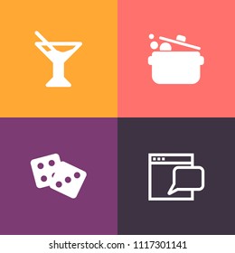 Modern, simple vector icon set on colorful background with sign, spoon, ice, glass, information, party, cook, fork, fruit, tropical, restaurant, dice, message, summer, website, lime, casino, bar icons