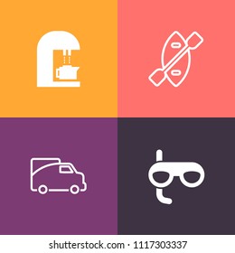 Modern, simple vector icon set on colorful background with vacation, underwater, old, kayak, drink, van, travel, hot, snorkel, paddle, cargo, caffeine, boat, river, road, scuba, vehicle, bean icons