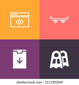 Modern, simple vector icon set on colorful background with interface, underwater, board, internet, button, template, skater, skateboard, technology, skateboarder, equipment, lifestyle, snorkel icons