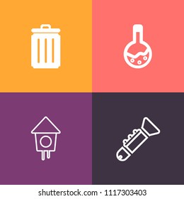Modern, simple vector icon set on colorful background with implant, lab, tool, rubbish, tooth, trumpet, waste, birdhouse, container, garden, instrument, recycle, technology, box, laboratory, bin icons