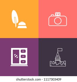 Modern, simple vector icon set on colorful background with king, home, sign, calligraphy, photo, kitchen, equipment, ink, mountain, palace, royal, pen, tower, letter, cabinet, castle, tale, old icons