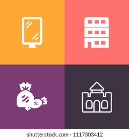 Modern, simple vector icon set on colorful background with business, street, ancient, dessert, landmark, office, architecture, bank, castle, real, sign, lolly, swirl, king, sugar, fantasy, candy icons