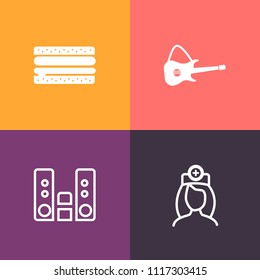 Modern, simple vector icon set on colorful background with food, bread, people, person, player, healthcare, restaurant, rock, guitar, meal, menu, music, lunch, jazz, care, cheeseburger, electric icons