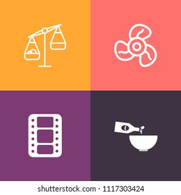 Modern, simple vector icon set on colorful background with cold, weigh, wind, scale, electric, video, air, cooler, alcohol, meal, beverage, restaurant, ventilation, dinner, propeller, fan, movie icons