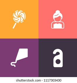 Modern, simple vector icon set on colorful background with privacy, bride, swirl, door, wedding, groom, hotel, summer, dessert, celebration, dress, food, woman, color, striped, sign, disturb icons