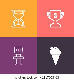 Modern, simple vector icon set on colorful background with prize, win, summer, flow, interior, place, furniture, chair, cream, home, sand, cone, flavor, white, achievement, measure, sweet, room icons