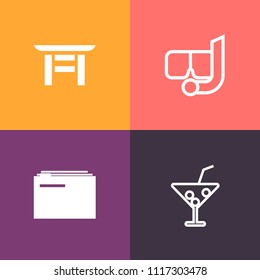 Modern, simple vector icon set on colorful background with ocean, sea, document, religion, data, asian, storage, file, mask, landmark, torii, party, tropical, japan, gate, cold, tourism, shrine icons