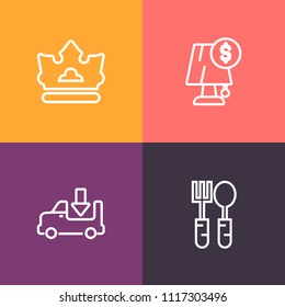 Modern, simple vector icon set on colorful background with open, electricity, princess, bulb, delivery, king, dinner, lamp, sign, meal, kitchen, crown, illumination, modern, food, industrial icons