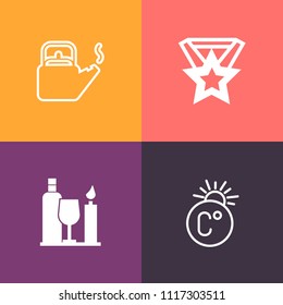 Modern, simple vector icon set on colorful background with wine, kettle, weather, vine, modern, drink, temperature, pot, ribbon, steel, boil, success, teapot, wineglass, alcohol, number, first icons