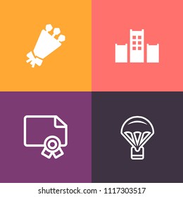 Modern, simple vector icon set on colorful background with bath, bed, success, room, template, pink, spring, parachute, document, certificate, vacation, nature, summer, air, diploma, luggage icons