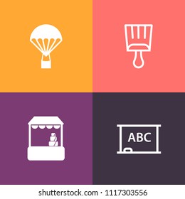 Modern, simple vector icon set on colorful background with space, jump, skydiving, skydive, grocery, paintbrush, air, shape, food, chalk, school, chalkboard, cart, parachute, customer, black icons