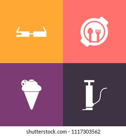 Modern, simple vector icon set on colorful background with kid, diesel, meal, ice, cream, fuel, vanilla, media, petrol, lunch, power, healthy, camera, glasses, industry, dessert, technology, oil icons