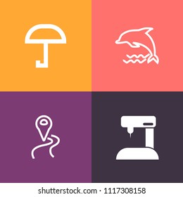 Modern, simple vector icon set on colorful background with life, umbrella, dolphin, meteorology, needle, industry, tool, marine, sew, mammal, water, nature, animal, sewing, sign, craft, season icons