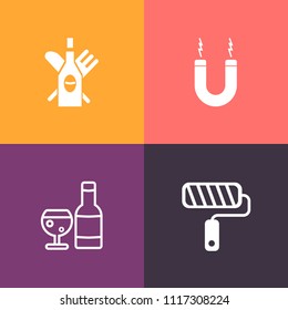 Modern, simple vector icon set on colorful background with liquid, merlot, beverage, wineglass, roller, paintbrush, bar, power, red, old, brush, winery, energy, horseshoe, taste, wine, magnetism icons