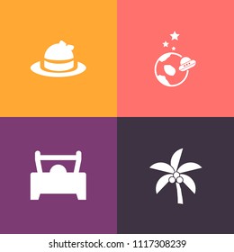 Modern, simple vector icon set on colorful background with head, transportation, coconut, visor, orbit, star, white, science, planet, hat, fashion, galaxy, tropical, cosmos, tree, earth, object icons