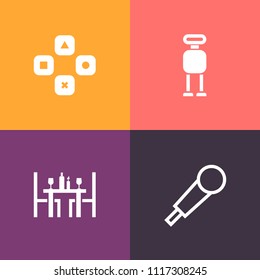 Modern, simple vector icon set on colorful background with microphone, digital, play, intelligence, pc, robot, spoon, cyborg, robotic, machine, record, technology, speech, video, audio, internet icons