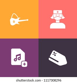 Modern, simple vector icon set on colorful background with electric, price, internet, art, hospital, musician, medical, stethoscope, element, health, discount, label, medicine, concert, service icons
