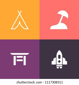 Modern, simple vector icon set on colorful background with japanese, tree, asia, ocean, palm, religion, gate, landmark, shinto, galaxy, science, rocket, travel, shrine, tropical, launch, sky icons