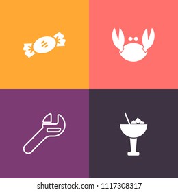 Modern, simple vector icon set on colorful background with swirl, shell, service, beverage, unhealthy, equipment, lolly, colorful, sugar, candy, delicious, sweet, ocean, bar, ice, gourmet, drink icons