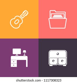 Modern, simple vector icon set on colorful background with document, folder, information, object, file, workplace, white, top, desk, musical, paper, table, cabinet, music, jazz, instrument, copy icons