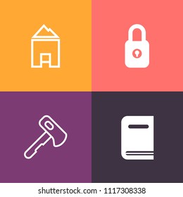Modern, simple vector icon set on colorful background with protection, brush, home, work, padlock, security, textbook, book, axe, graphic, element, open, web, safe, estate, library, hammer, tool icons