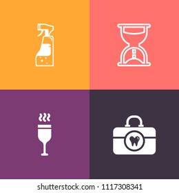 Modern, simple vector icon set on colorful background with bottle, washing, tooth, paste, clean, dentist, time, maid, equipment, wineglass, drink, watch, glass, alcohol, flow, hygiene, hour, red icons