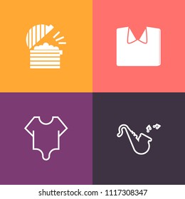 Modern, simple vector icon set on colorful background with coffee, clothing, drink, music, textile, kitchen, girl, garment, body, fabric, bugle, shirt, brass, cotton, jazz, style, orchestra, new icons