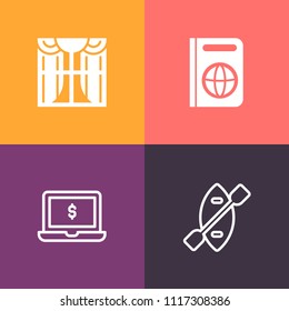 Modern, simple vector icon set on colorful background with immigration, style, white, sport, tourism, journey, decoration, light, computer, laptop, wooden, luxury, canoe, identity, boat, paddle icons