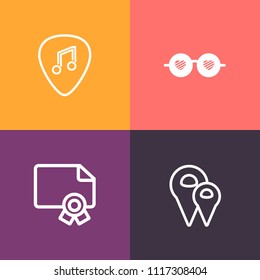 Modern, simple vector icon set on colorful background with frame, place, sign, direction, hippie, black, map, award, guitar, success, retro, sun, diploma, style, vintage, boho, template, city icons