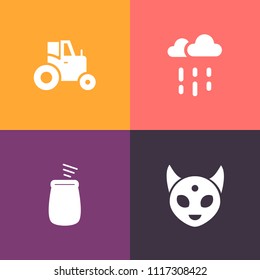 Modern, simple vector icon set on colorful background with harvest, industry, machine, science, wet, autumn, light, instrument, machinery, extraterrestrial, rain, rainy, tractor, space, drop icons