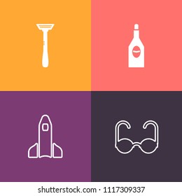 Modern, simple vector icon set on colorful background with alcohol, eyeglasses, exploration, razor, style, space, celebration, sharp, black, glasses, element, white, science, orbit, launch, care icons