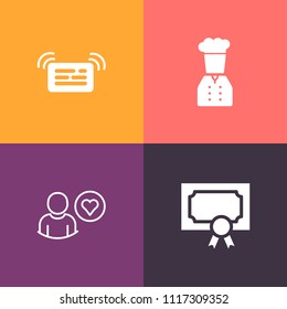 Modern, simple vector icon set on colorful background with shape, print, subscribe, hat, business, certificate, template, star, paper, food, chief, alert, notification, rating, graduation, head icons